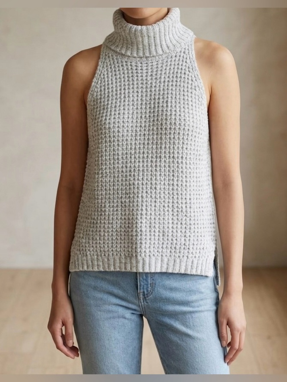 Anthropologie Pilcro Waffle Knit Sweater Tank Gray Sleeveless Turtleneck Size S